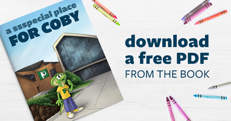text Download a free PDF from the book image cartoon snake in front of campus